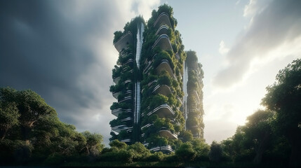 green sustainability skyscrapers, new city designs, sustainable city, sustainable building, illustration graphic, by generative AI