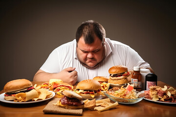 Fat man eating unhealthy food, generative ai.