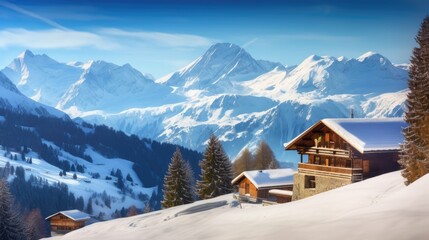 Snow-covered landscape with chalet houses. Generative AI