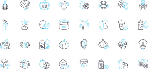 Organic cuisine linear icons set. Natural, Fresh, Healthy, Sustainable, Local, Whole, Clean line vector and concept signs. Farm-to-table,Nourishing,Nutritious outline illustrations