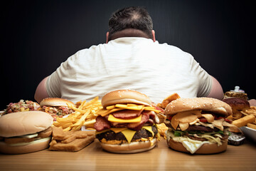 Fat man eating unhealthy food, generative ai.