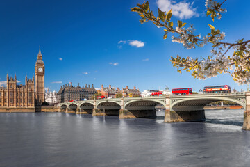 Famous Big Ben with red buses on bridge over Thames river during springtime in London, England, UK