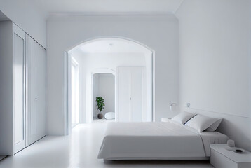 Fototapeta na wymiar White interior bedroom background, white walls and white wooden floor contemporary, 3D Generative AI image
