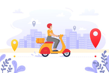 Fast food delivery service, motorbike driver courier or gps pizza deliveries