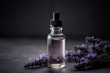 Obraz na płótnie Canvas Glasflasche für Kosmetik und Spa gefüllt mit natürlichem Lavendelöl neben Lavendelblüten vor dunklem Hintergrund, Naturkosmetik, Generative AI