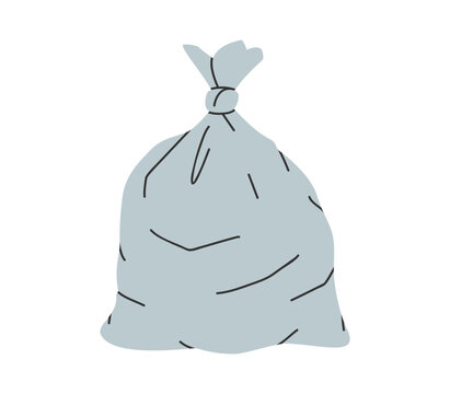 Hand drawn cute cartoon illustration of big garbage bag. Flat vector grocery plastic package with trash, environmental pollution design in colored doodle style. Ecology sticker, icon. Isolated.
