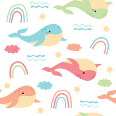 Childish seamless whale pattern with sky, rainbow and stars hand drawn in cartoon style. Use for textile, prints, wallpapers, vector illustration.
Cute baby animals. Pattern for children with whales. 