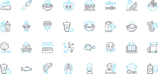 Fish house linear icons set. Aquarium, Angler, Bait, Catch, Dock, Dive, Fillet line vector and concept signs. Flounder,Fry,Hook outline illustrations