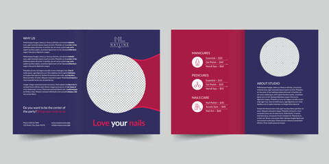 Nail Studio Shop bifold brochure template. A clean, modern, and high-quality design bifold brochure vector design. Editable and customize template brochure