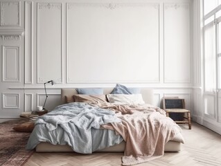 Fototapeta na wymiar Interior wall, bedroom mockup. Blue and beige. Indigo. Generative AI