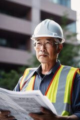 On the bustling construction site, a 50-year-old Asian construction worker, clad in helmet and visibility vest, clutched plans, his expertise shaping a future skyline. Generative AI
