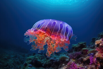 Underwater photography of a beautiful jelly fish, created with Generative AI technology