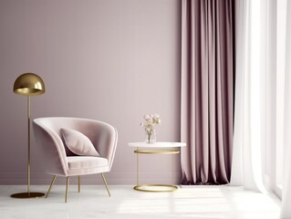 Interior mockup. Chair, gold lamp, modern chic interior decor. Generative AI