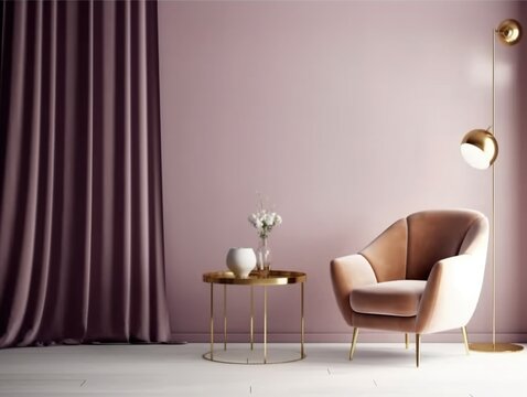Interior mockup. Chair, gold lamp, modern chic interior decor. Generative AI