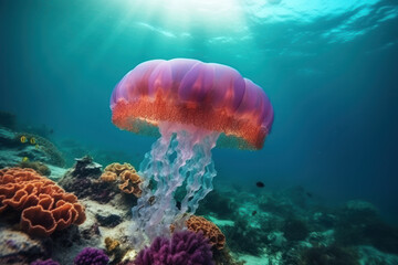 Naklejka na ściany i meble Underwater photography of a beautiful jelly fish, created with Generative AI technology
