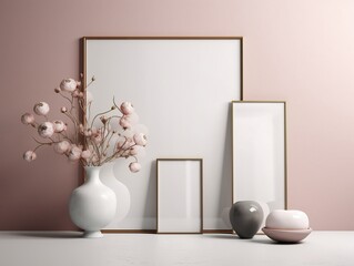 Interior, wall, frame mockup. Living room. Boho decor. Pale tone. Generative AI. 