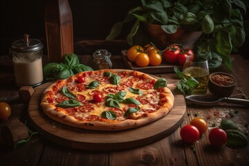 Obraz na płótnie Canvas A pizza topped with tomatoes, cheese, and basil on a rustic wooden table. Generative AI