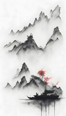 Felsen, Teiche, Pflaumen- und Kiefernbäume mit Bergen im Hintergrund, in gedämpften Farben mit Nass-in-Nass-Technik skizziert und mit einem Spritzer Rot - Ein perfektes Motiv für Poster, Wallpaper