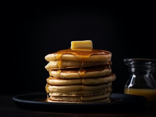 stack of pancakes topped with butter and maple syrup
