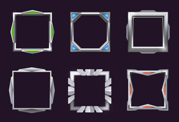 Game ui square frame. Silver frames with colorful gemstones
