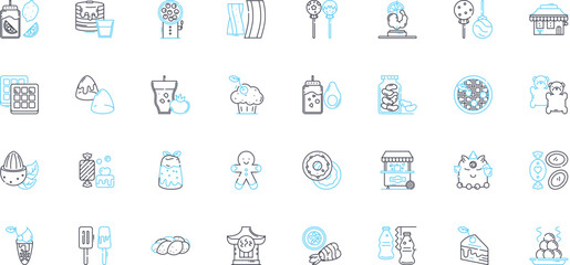Obraz premium Confectiry linear icons set. Sweets, Candy, Chocolate, Confections, Gummies, Lollipops, Truffles line vector and concept signs. Marshmallows,Caramels,Fudge outline illustrations