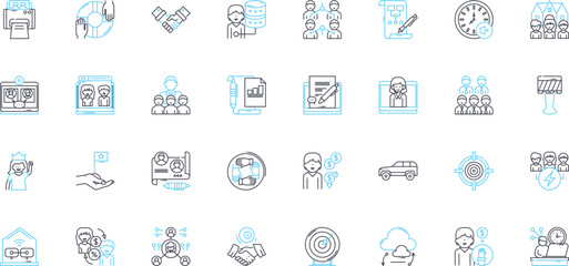 Virtual learning linear icons set. Online, Remote, Interactive, Digital, E-learning, Web-based, Distance line vector and concept signs. Technology,Internet,Video outline illustrations
