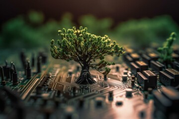 Trees growing on circuit board tech. Green computing, CSR, IT ethics, and more. Generative AI