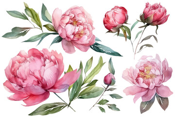 Peonies on white isolated background. Watercolour floral illustration set, AI