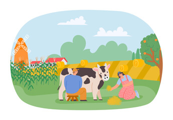 Obraz na płótnie Canvas Harvest season. Farmers on plantation collecting corn