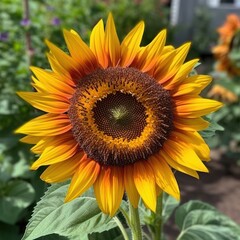Obraz premium A colorful sunflower with large, bright yellow petals and a dark center, generative AI