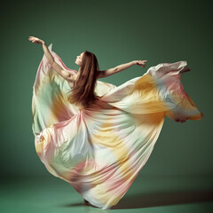 One beautiful ballerina, young girl dancing gracefully with with fabric over dark green studio background. Modern ballet with silk dress © Lustre Art Group 