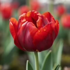A graceful tulip with bright red petals and a delicate, curved shape, generative AI
