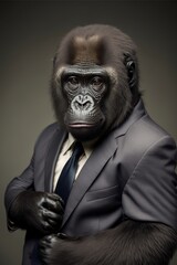Portrait of baby gorilla in a business suit. Generative AI