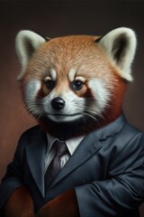 Portrait of baby red panda in a business suit. Generative AI