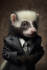 Portrait of baby skunk in a business suit. Generative AI