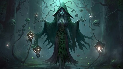 Beautiful eyes create a full body beautiful warlock girl with green hair red eyes wearing and black tight robes with runic designs on it that are lighting up in green, Generative AI