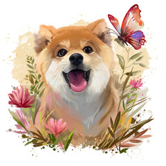 Akita Inu puppy, butterfly, and flowers. Watercolor drawing - 597178970