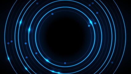 Abstract neon blue circles with circuit board lines technology background