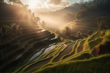 Stunning sunrise at Tegalalang rice terraces. Ethereal light and magical sun rays. Bali travel. Generative AI - obrazy, fototapety, plakaty
