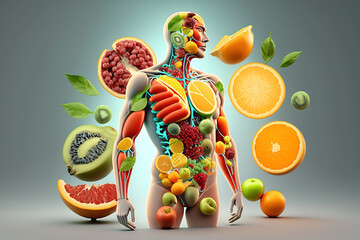 Fruits and vegetables forming a human body, metabolism, nutrition, eating diet, fitness, health, vitamins, digestion, supplements, health care, healthy lifestyle, healthy food. Generative AI