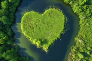 A heart shaped lake in a green forest, created with Generative AI technology