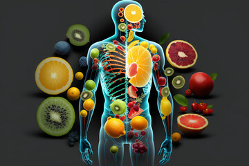 Fruits and vegetables forming a human body, metabolism, nutrition, eating diet, fitness, health, vitamins, digestion, supplements, health care, healthy lifestyle, healthy food. Generative AI - obrazy, fototapety, plakaty