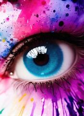 Human eye close up with colorful paint, ink splashes and drips, Generative AI,