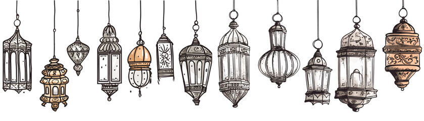 Hand Drawn Sketch of Traditional Lanterns Decoration Hanging on Celing Antique in Set of Vector