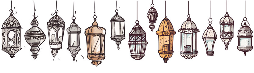 Hand Drawn Sketch of Traditional Lanterns Decoration Hanging on Celing Antique in Set of Vector