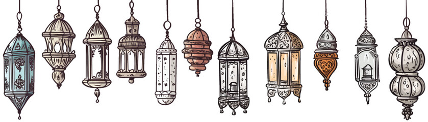 Hand Drawn Sketch of Traditional Lanterns Decoration Hanging on Celing Antique in Set of Vector