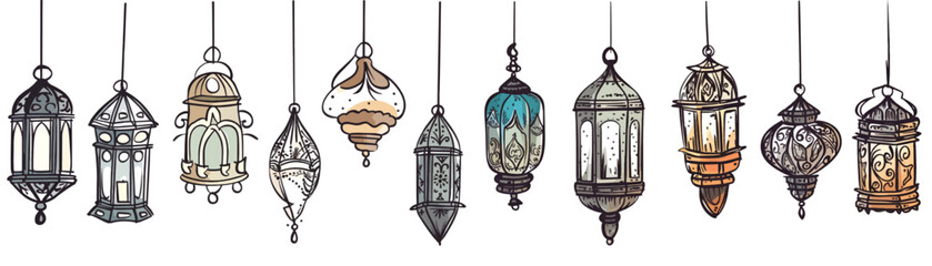 Hand Drawn Sketch of Traditional Lanterns Decoration Hanging on Celing Antique in Set of Vector