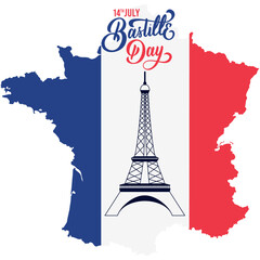 Colored bastille day template with landmark and french map Vector
