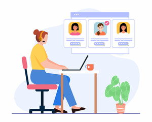 HR manager is sitting at the desk and working on the laptop, searching new employee, select resumes of job seekers. Human Resource Management and Hiring.