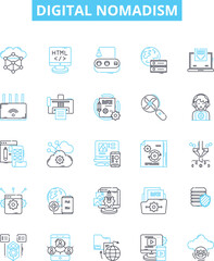 Digital nomadism vector line icons set. Remote, Working, Digital, Lifestyle, Locations, Flexible, Travel illustration outline concept symbols and signs